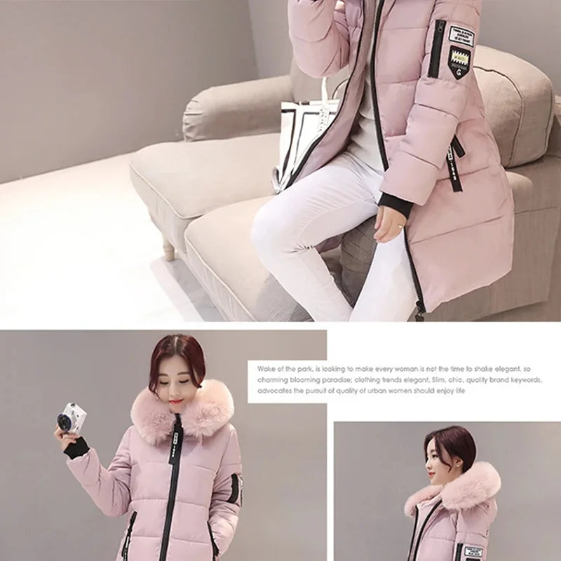 Parka da donna con cappuccio in pelliccia calda invernale Moda comode tasche con cerniera Design Giacca lunga Cappotti femminili sottili ed spessi eleganti