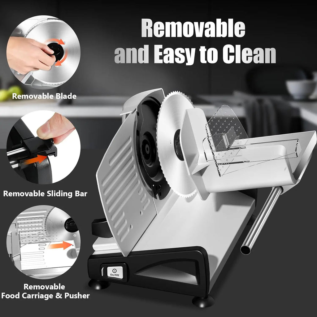 Meat Slicer with Quiet DC Motor, 200W Electric Deli Slicer, Dual 7.5'' Stainless Steel Blades, 0-15mm Adjustable Thickness