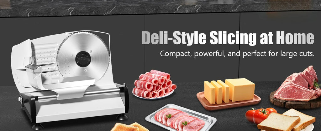 Meat Slicer with Quiet DC Motor, 200W Electric Deli Slicer, Dual 7.5'' Stainless Steel Blades, 0-15mm Adjustable Thickness