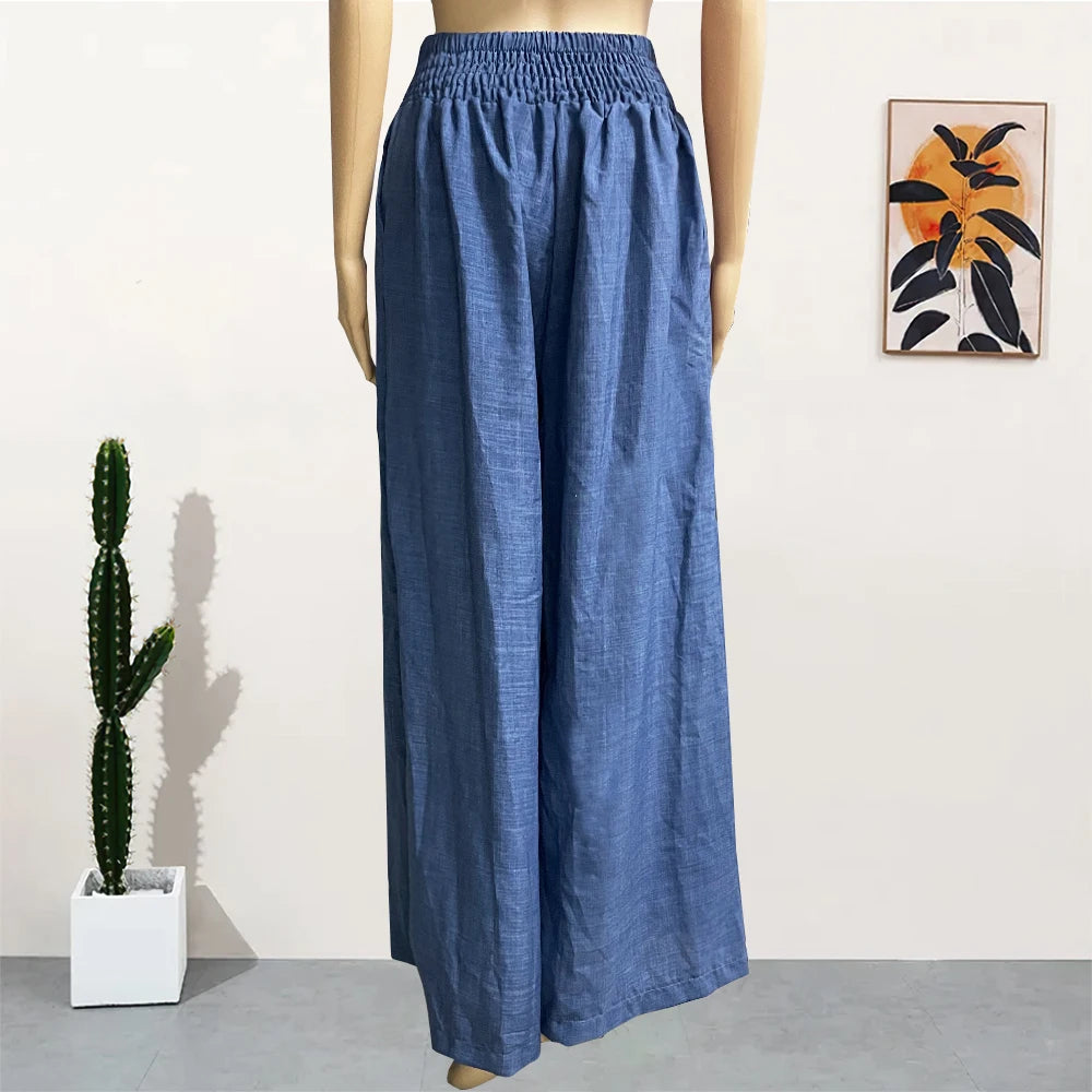 Pantaloni a gamba larga tinta unita a vita alta Pantaloni estivi chic allentati ed eleganti svasati in metallo Pantaloni da donna dritti per le vacanze da ufficio