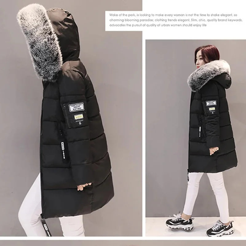 Parka da donna con cappuccio in pelliccia calda invernale Moda comode tasche con cerniera Design Giacca lunga Cappotti femminili sottili ed spessi eleganti