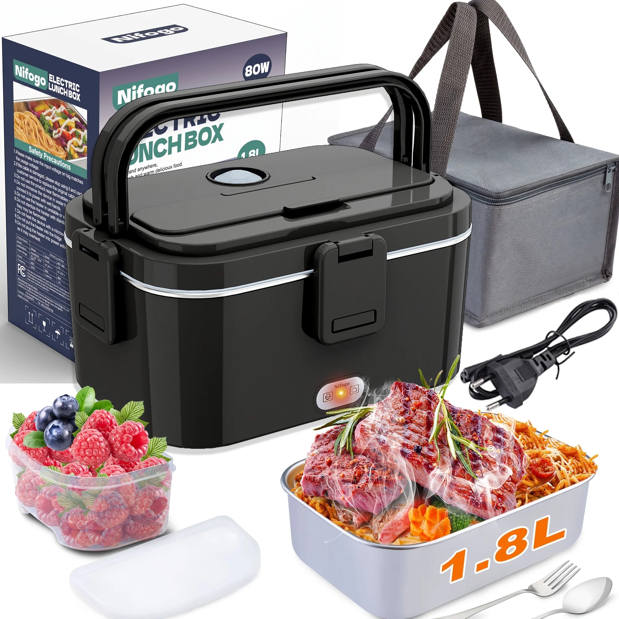 80W Adjustable-Temperature Insulated Lunch Box, 1.8L for Adults, Portable Heating Lunch Box for Outdoor Use, with a bag