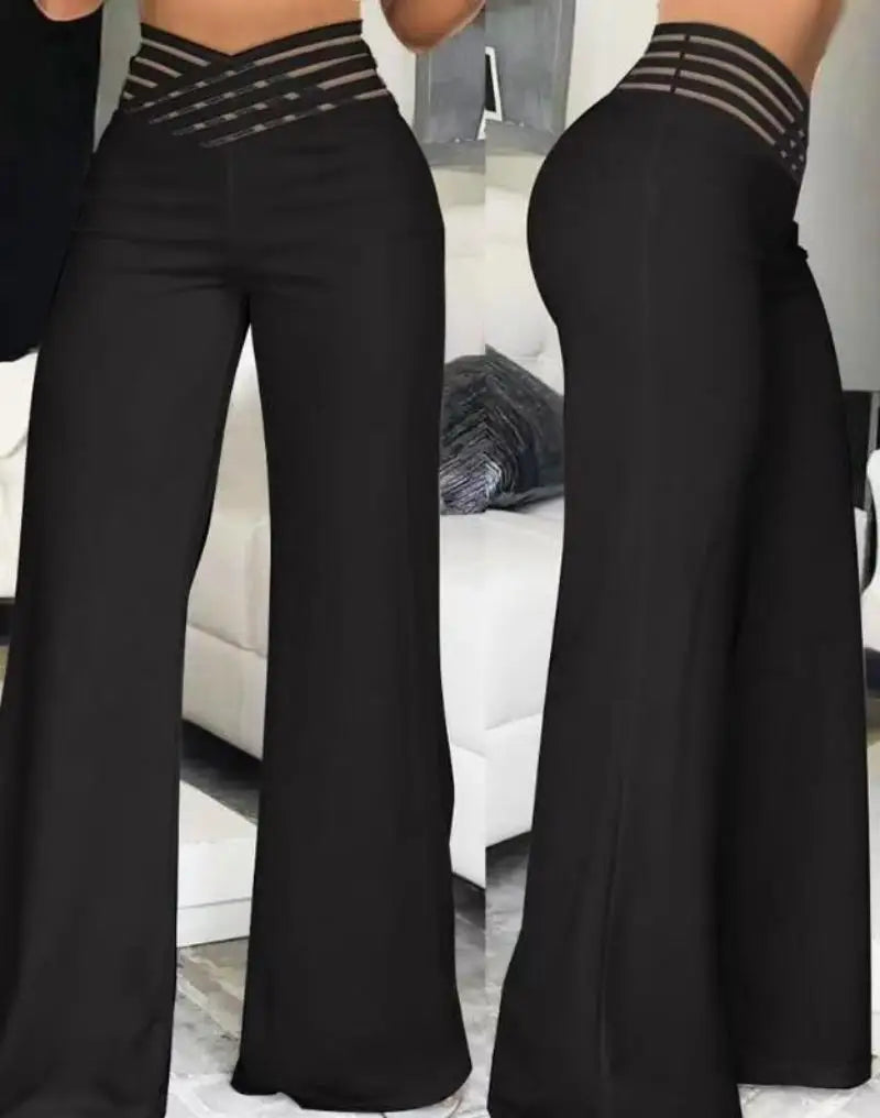 Pantaloni a gamba larga tinta unita a vita alta Pantaloni estivi chic allentati ed eleganti svasati in metallo Pantaloni da donna dritti per le vacanze da ufficio