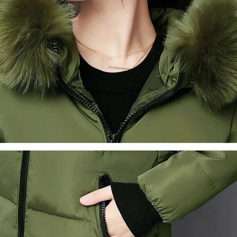 Parka da donna con cappuccio in pelliccia calda invernale Moda comode tasche con cerniera Design Giacca lunga Cappotti femminili sottili ed spessi eleganti