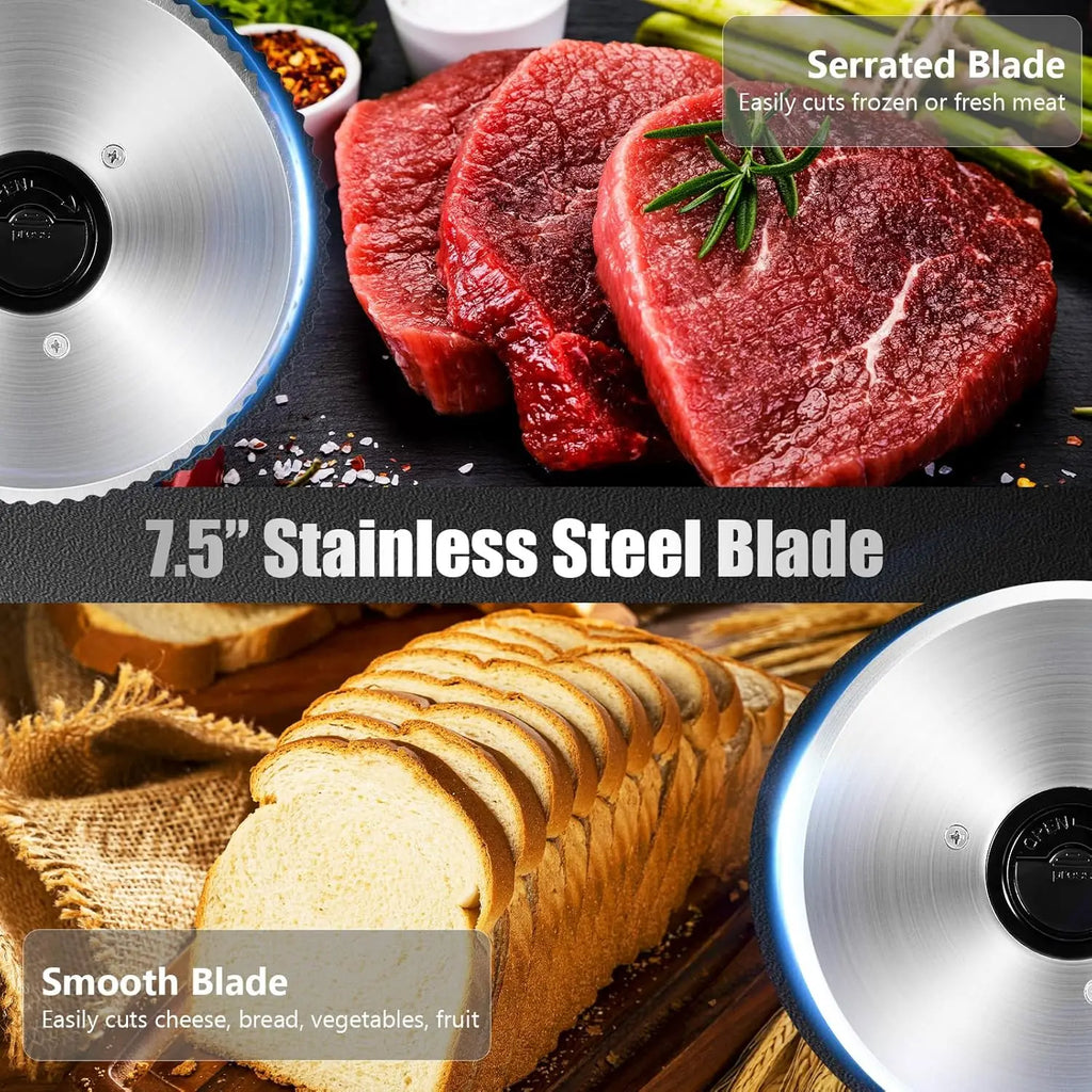 Meat Slicer with Quiet DC Motor, 200W Electric Deli Slicer, Dual 7.5'' Stainless Steel Blades, 0-15mm Adjustable Thickness