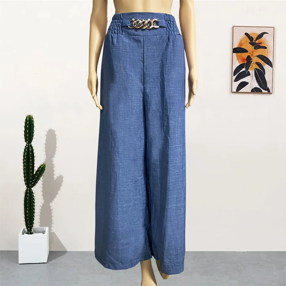 Pantaloni a gamba larga tinta unita a vita alta Pantaloni estivi chic allentati ed eleganti svasati in metallo Pantaloni da donna dritti per le vacanze da ufficio