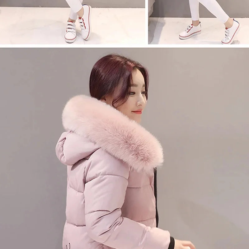 Parka da donna con cappuccio in pelliccia calda invernale Moda comode tasche con cerniera Design Giacca lunga Cappotti femminili sottili ed spessi eleganti