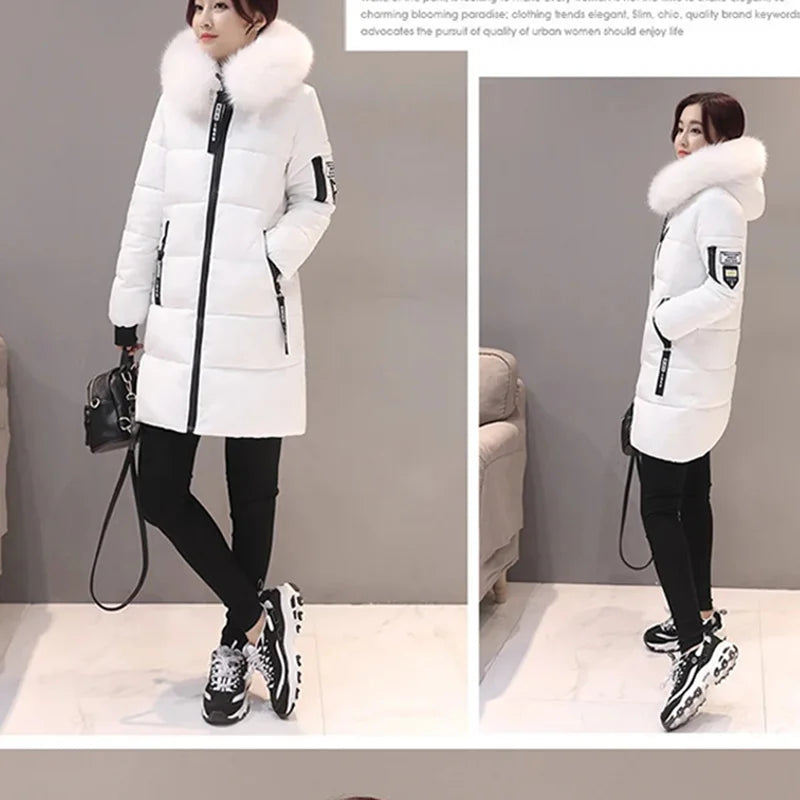 Parka da donna con cappuccio in pelliccia calda invernale Moda comode tasche con cerniera Design Giacca lunga Cappotti femminili sottili ed spessi eleganti