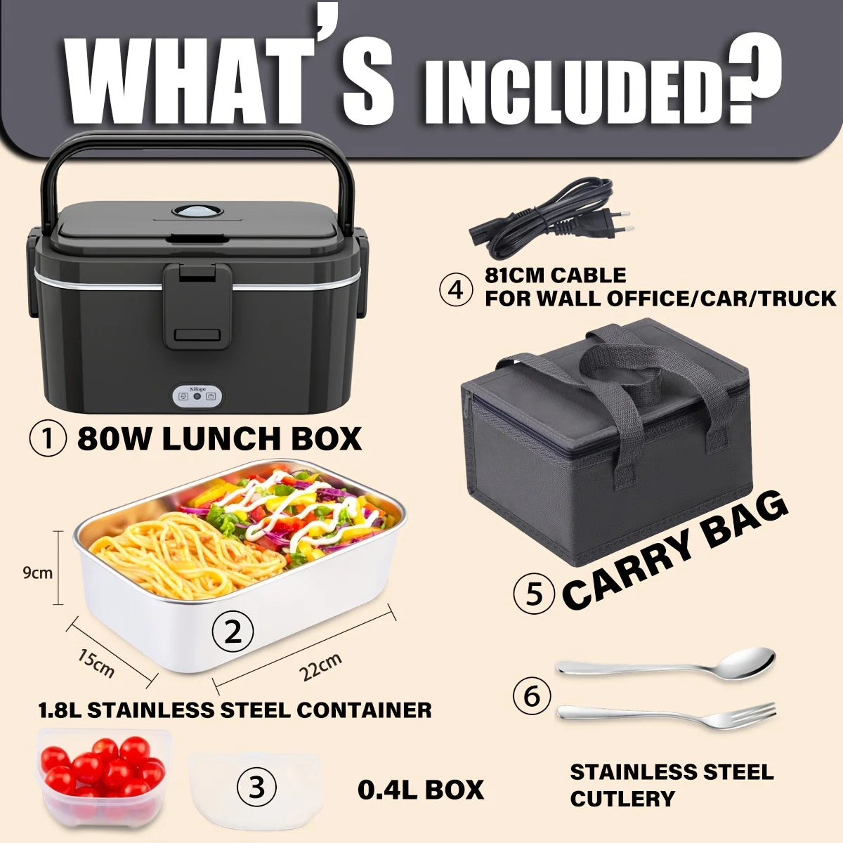 80W Adjustable-Temperature Insulated Lunch Box, 1.8L for Adults, Portable Heating Lunch Box for Outdoor Use, with a bag