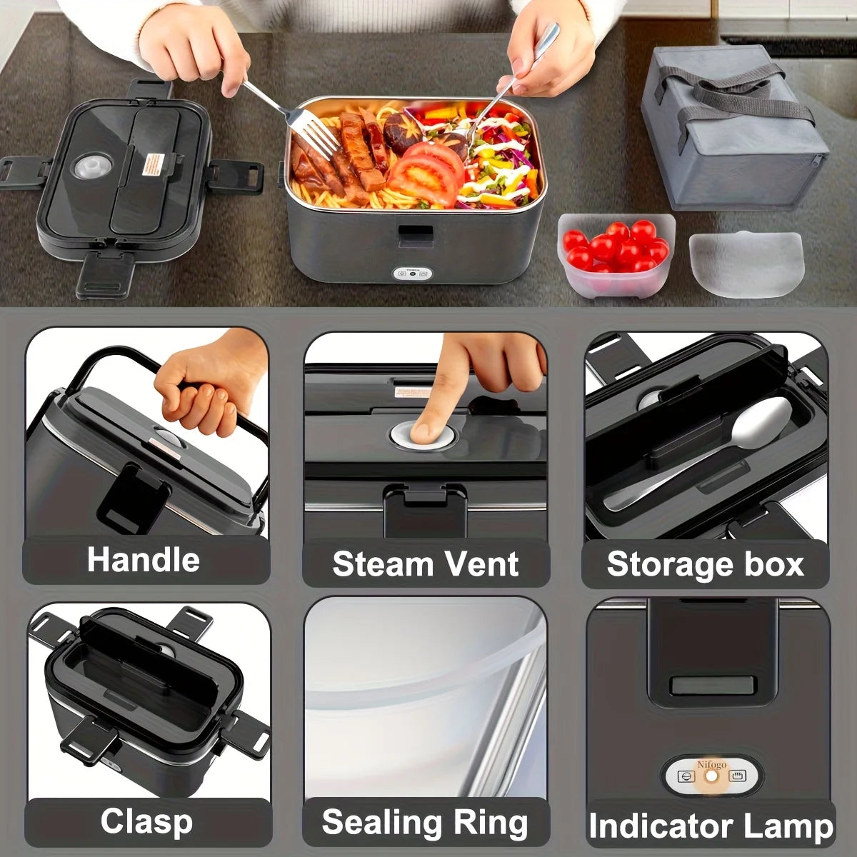 80W Adjustable-Temperature Insulated Lunch Box, 1.8L for Adults, Portable Heating Lunch Box for Outdoor Use, with a bag