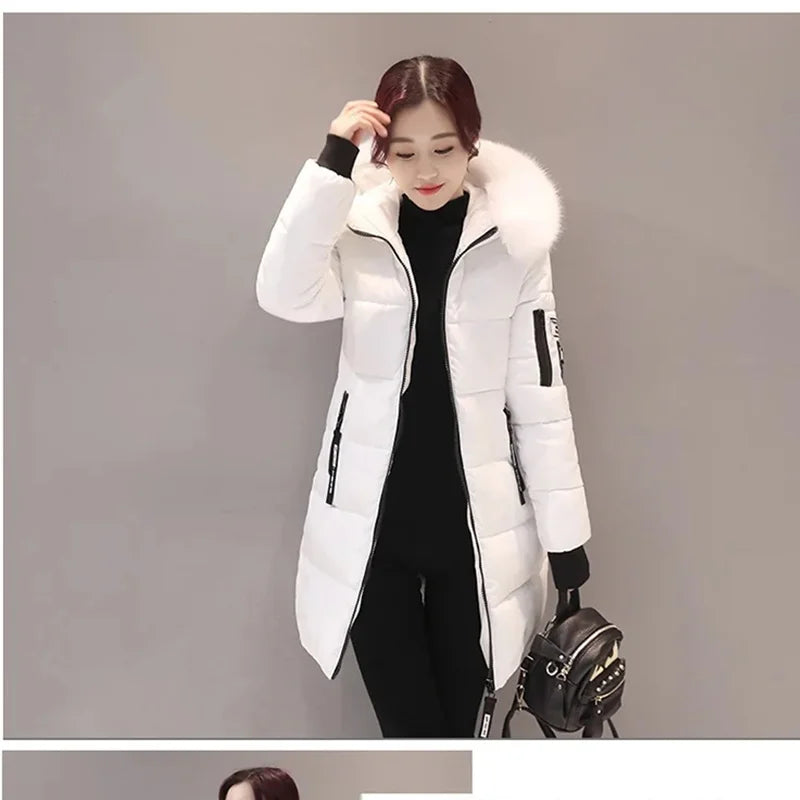 Parka da donna con cappuccio in pelliccia calda invernale Moda comode tasche con cerniera Design Giacca lunga Cappotti femminili sottili ed spessi eleganti