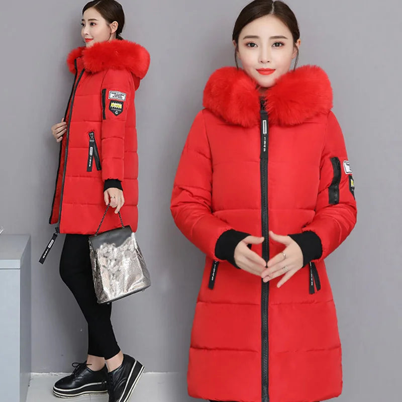 Parka da donna con cappuccio in pelliccia calda invernale Moda comode tasche con cerniera Design Giacca lunga Cappotti femminili sottili ed spessi eleganti