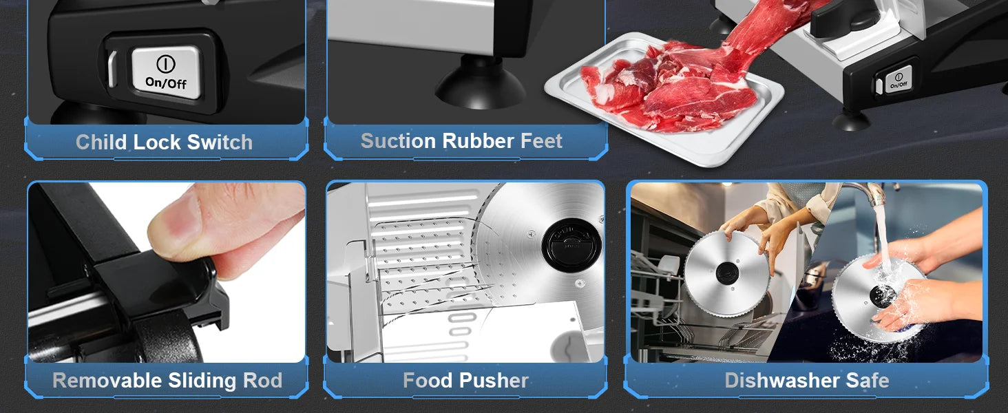 Meat Slicer with Quiet DC Motor, 200W Electric Deli Slicer, Dual 7.5'' Stainless Steel Blades, 0-15mm Adjustable Thickness