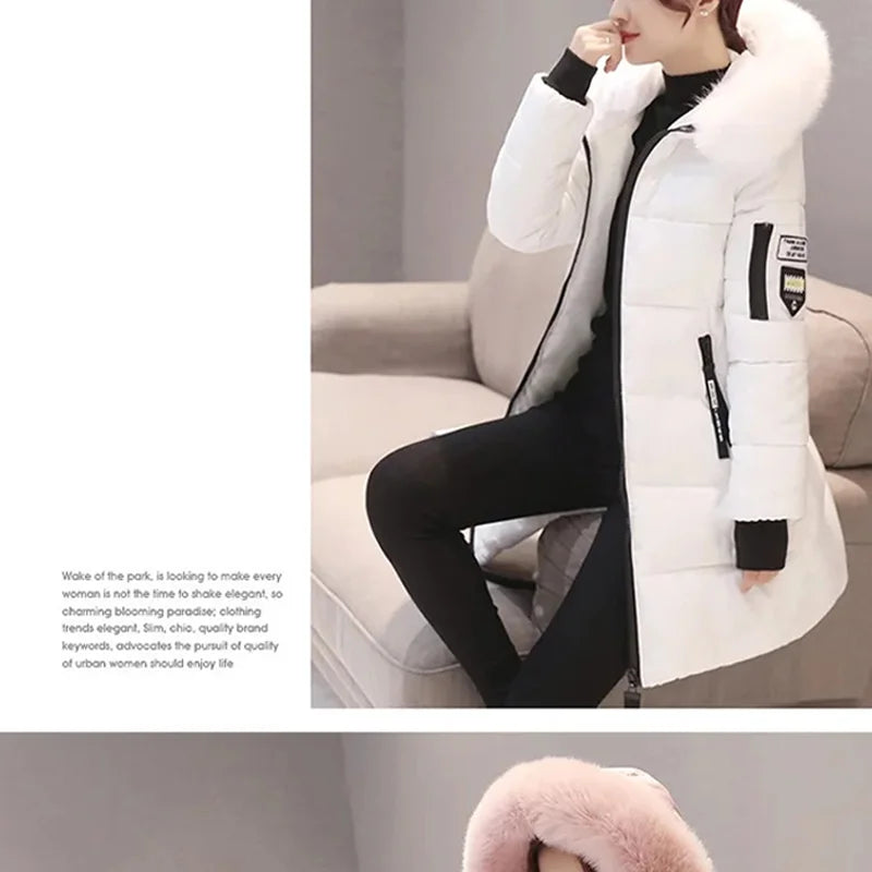 Parka da donna con cappuccio in pelliccia calda invernale Moda comode tasche con cerniera Design Giacca lunga Cappotti femminili sottili ed spessi eleganti