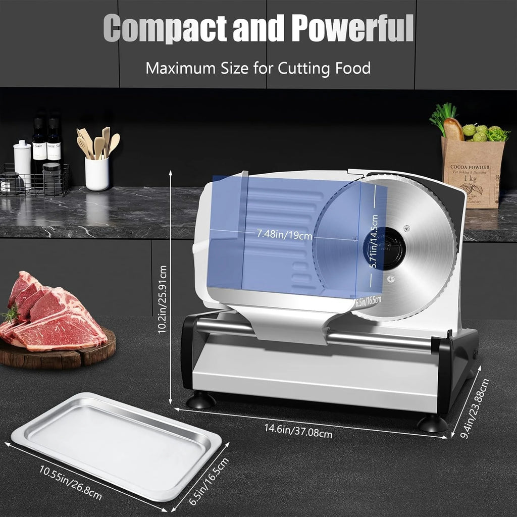 Meat Slicer with Quiet DC Motor, 200W Electric Deli Slicer, Dual 7.5'' Stainless Steel Blades, 0-15mm Adjustable Thickness