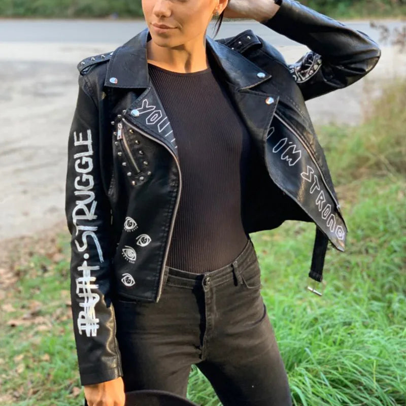 Fitaylor Autunno Inverno Donna Giacca in ecopelle con stampa graffiti Lady Moto Bike Cappotto in pelle PU Giacca casual con rivetti con cintura