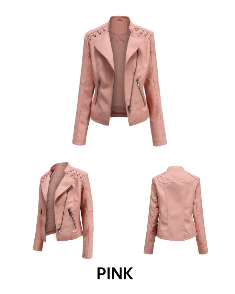2023 primavera autunno signore giacche in pelle Moto donna colletto rovesciato cerniera Slim nero Moto e Biker giacca in pelle femminile