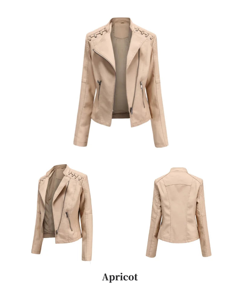 2023 primavera autunno signore giacche in pelle Moto donna colletto rovesciato cerniera Slim nero Moto e Biker giacca in pelle femminile