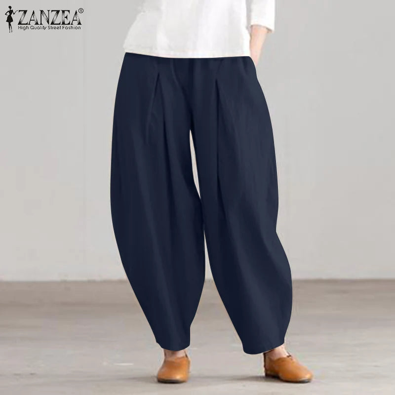 ZANZEA Estate Elastico In Vita Solido Pantaloni Donna Casual Pantaloni Larghi Elegante Allentato Gamba Larga Pantalon Vintage Cotone Rapa 2024