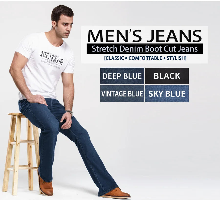 Jeans da uomo con taglio a stivale Pantaloni slim fit blu neri leggermente svasati Pantaloni classici in denim elasticizzato da uomo firmati
