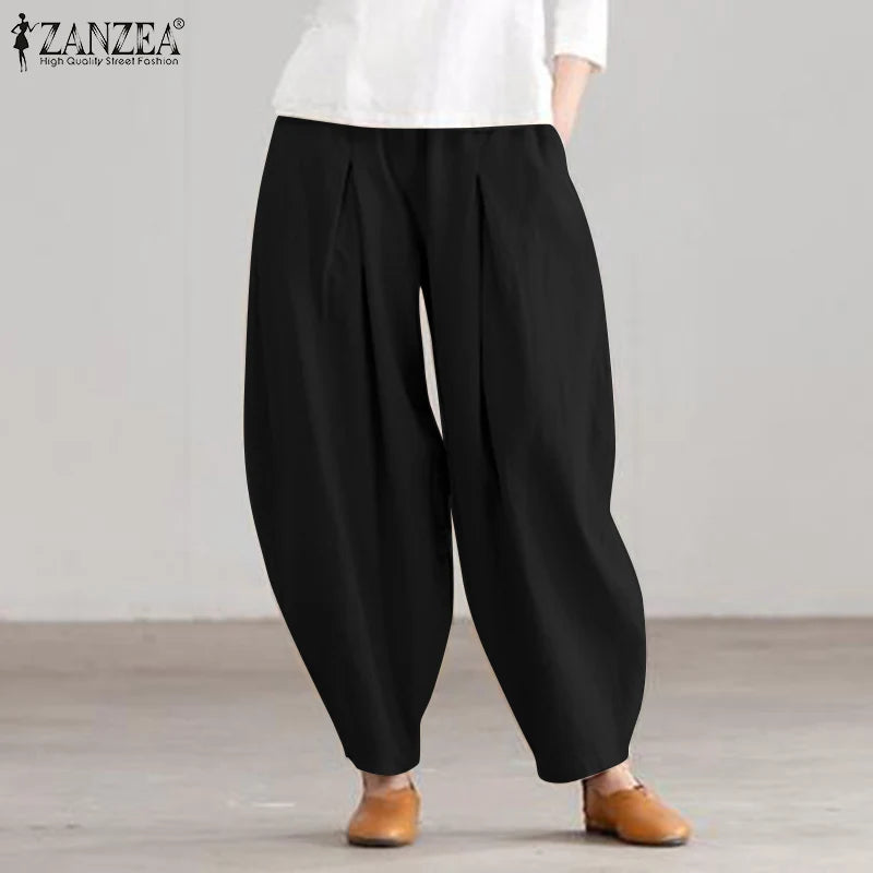 ZANZEA Estate Elastico In Vita Solido Pantaloni Donna Casual Pantaloni Larghi Elegante Allentato Gamba Larga Pantalon Vintage Cotone Rapa 2024