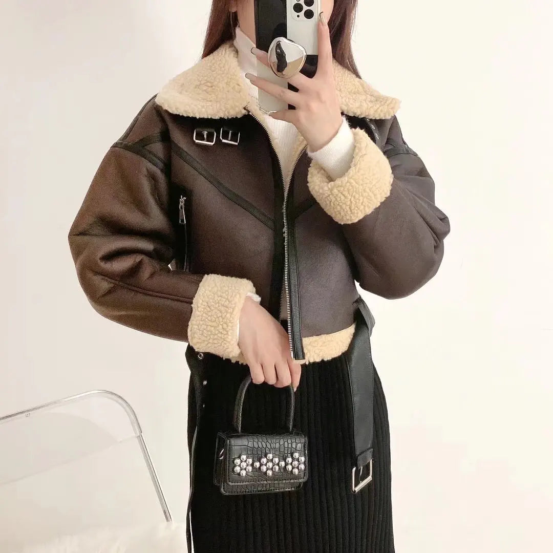 Ailegogo Inverno Donna Streetwear Giacca corta in pelliccia di agnello sintetica con cintura Moto Biker Cappotto di pelle di pecora caldo spesso Capispalla