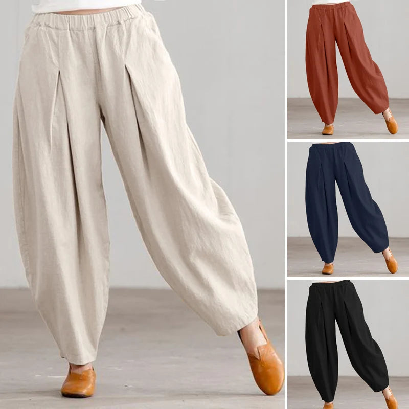 ZANZEA Estate Elastico In Vita Solido Pantaloni Donna Casual Pantaloni Larghi Elegante Allentato Gamba Larga Pantalon Vintage Cotone Rapa 2024