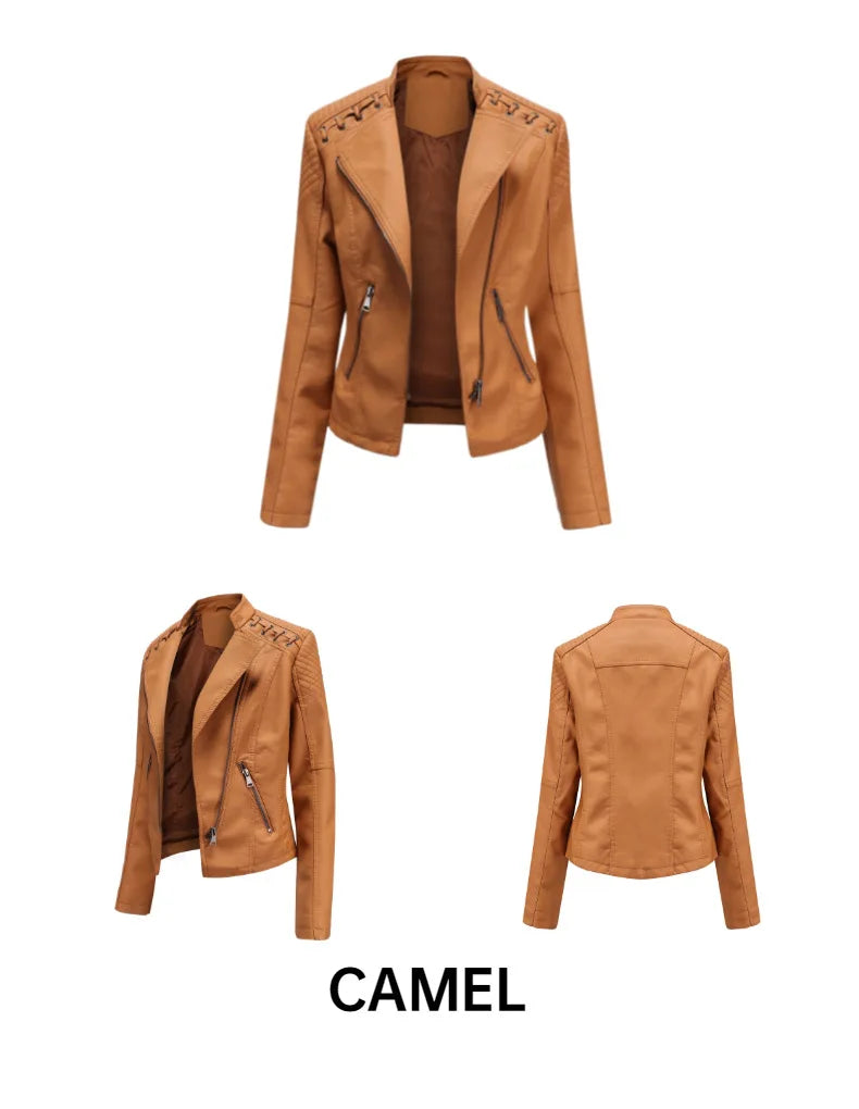 2023 primavera autunno signore giacche in pelle Moto donna colletto rovesciato cerniera Slim nero Moto e Biker giacca in pelle femminile