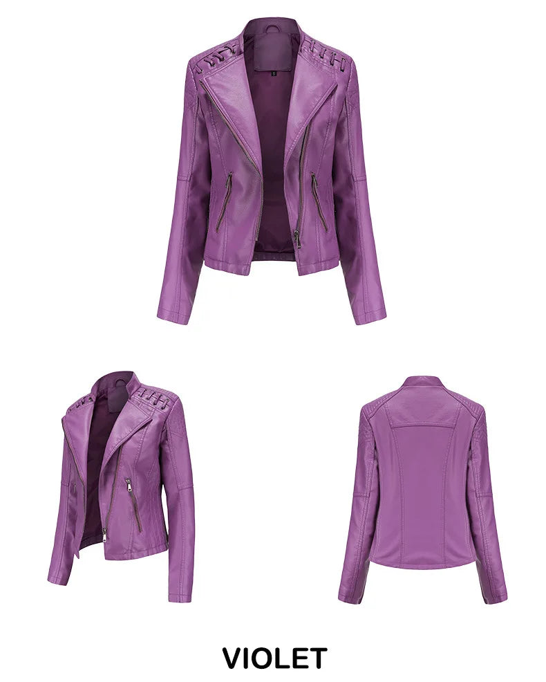 2023 primavera autunno signore giacche in pelle Moto donna colletto rovesciato cerniera Slim nero Moto e Biker giacca in pelle femminile