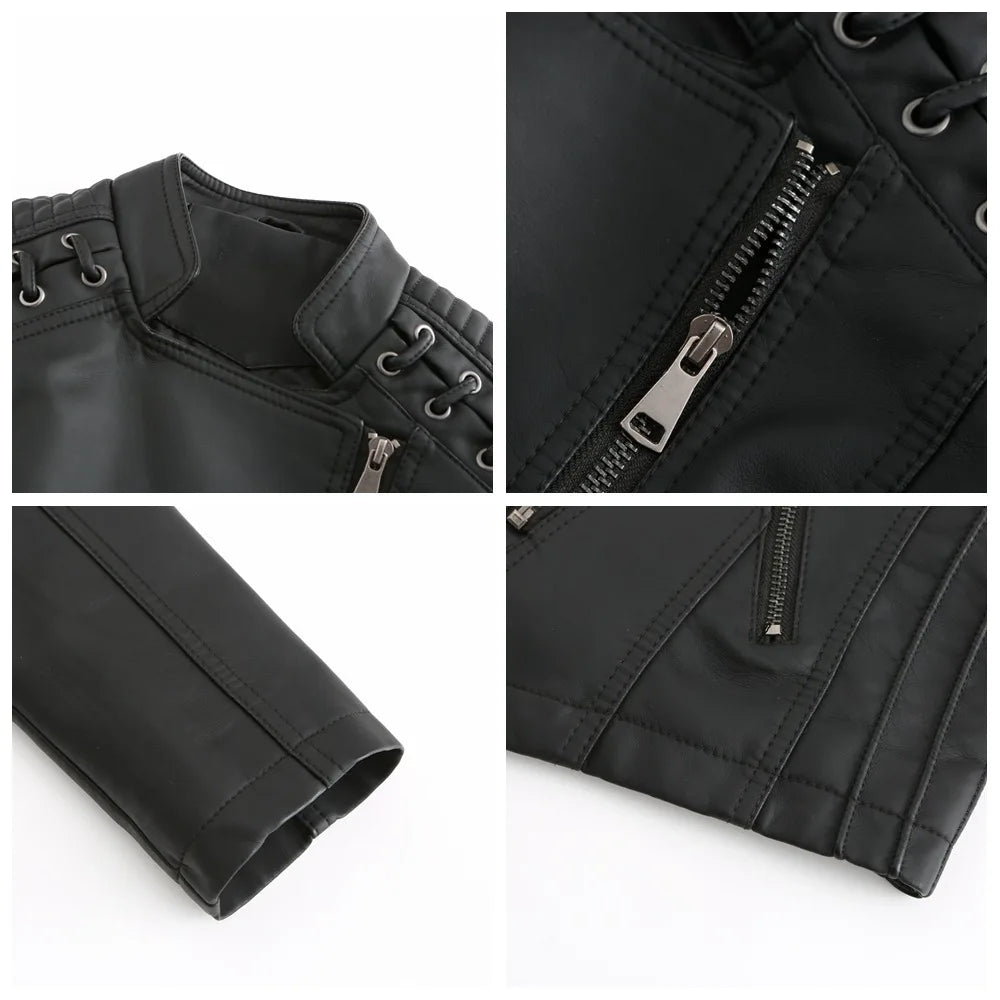 2023 primavera autunno signore giacche in pelle Moto donna colletto rovesciato cerniera Slim nero Moto e Biker giacca in pelle femminile