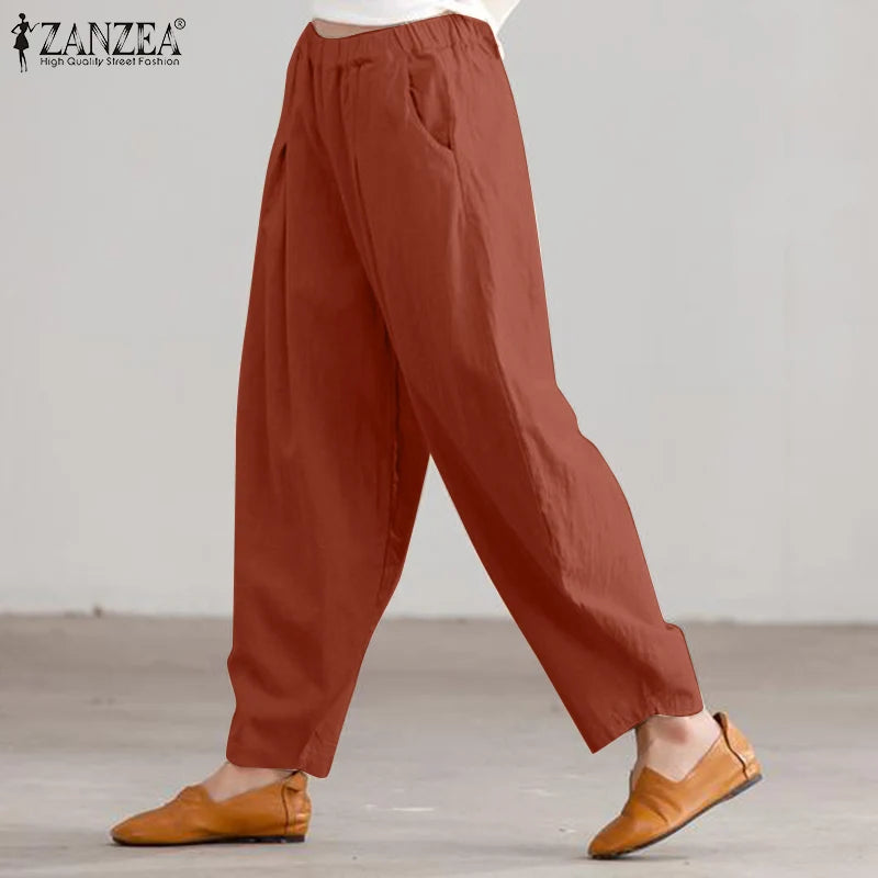 ZANZEA Estate Elastico In Vita Solido Pantaloni Donna Casual Pantaloni Larghi Elegante Allentato Gamba Larga Pantalon Vintage Cotone Rapa 2024