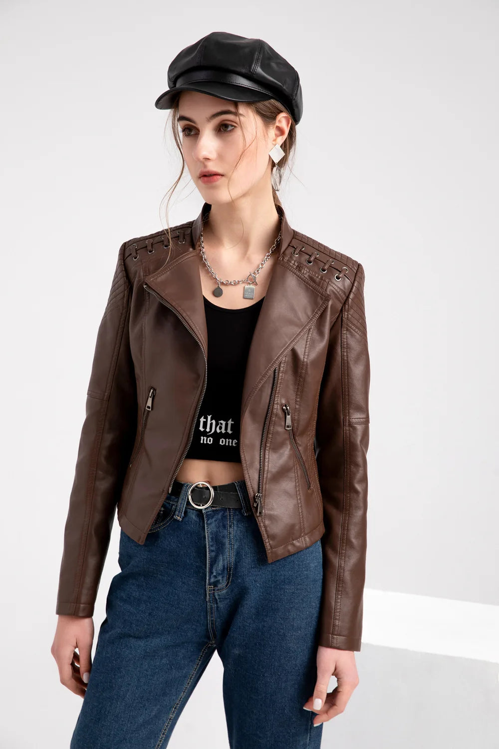 2023 primavera autunno signore giacche in pelle Moto donna colletto rovesciato cerniera Slim nero Moto e Biker giacca in pelle femminile