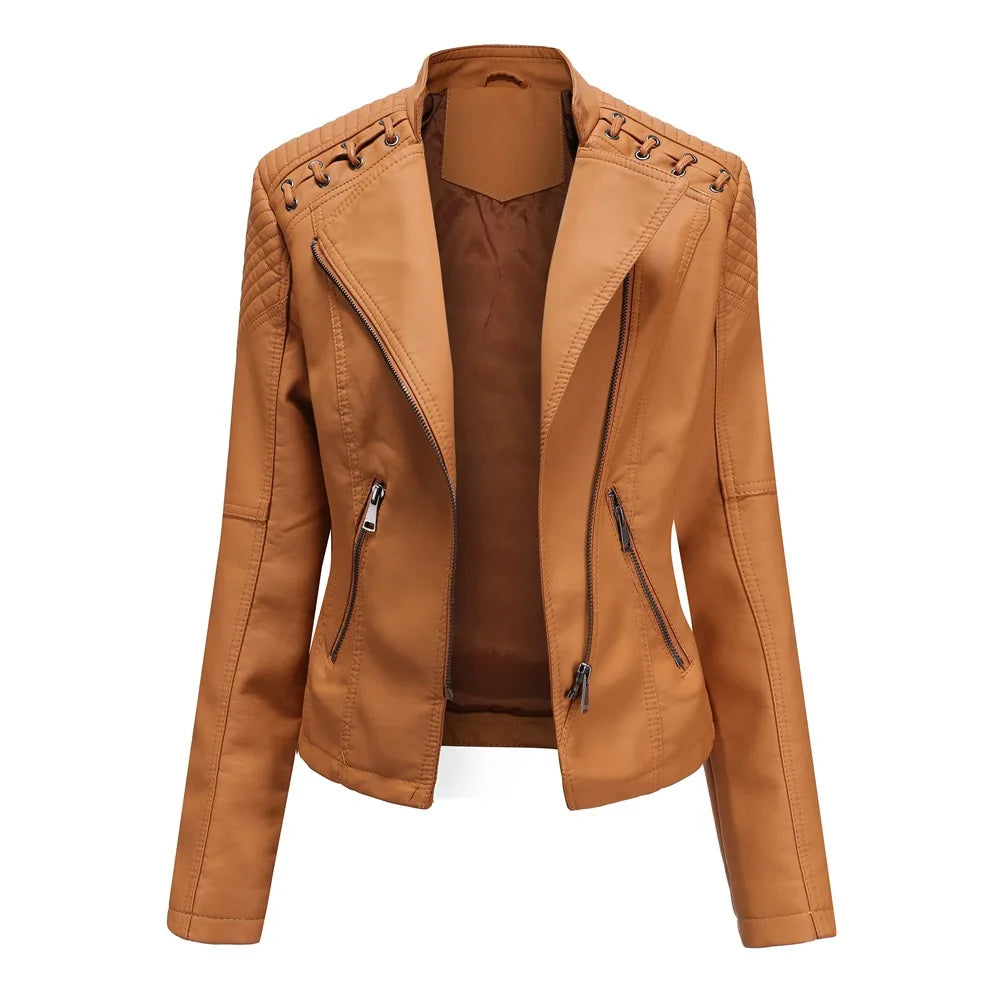 2023 primavera autunno signore giacche in pelle Moto donna colletto rovesciato cerniera Slim nero Moto e Biker giacca in pelle femminile