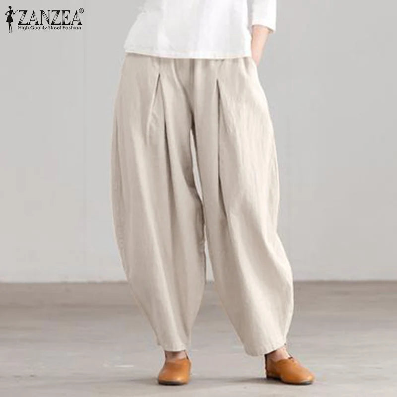 ZANZEA Estate Elastico In Vita Solido Pantaloni Donna Casual Pantaloni Larghi Elegante Allentato Gamba Larga Pantalon Vintage Cotone Rapa 2024