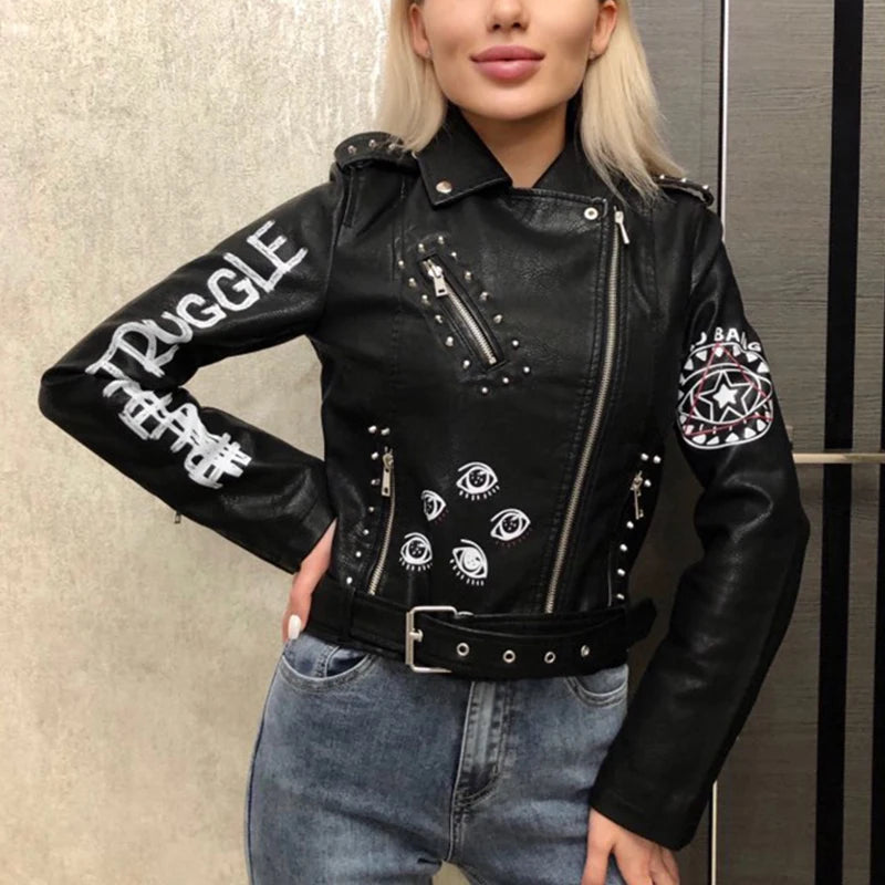 Fitaylor Autunno Inverno Donna Giacca in ecopelle con stampa graffiti Lady Moto Bike Cappotto in pelle PU Giacca casual con rivetti con cintura