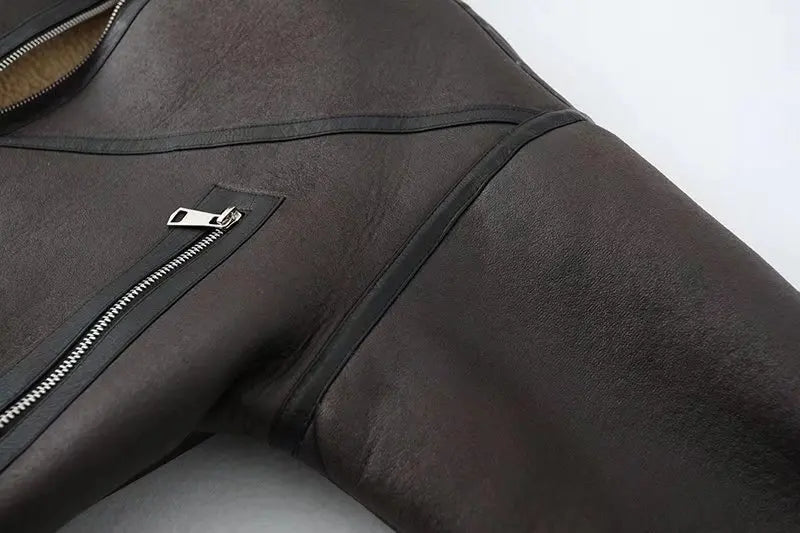 Ailegogo Inverno Donna Streetwear Giacca corta in pelliccia di agnello sintetica con cintura Moto Biker Cappotto di pelle di pecora caldo spesso Capispalla