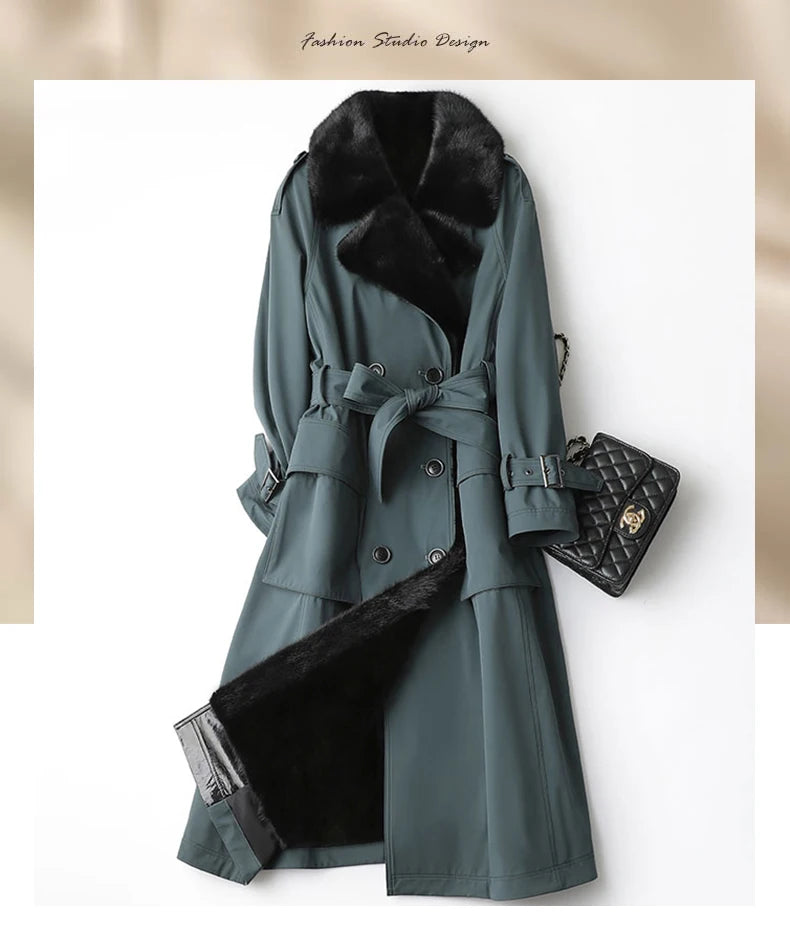 Lautaro Trench invernale lungo caldo e spesso con pelliccia sintetica, tasche interne con cintura, doppio petto, foderato in pelliccia di lusso per donna