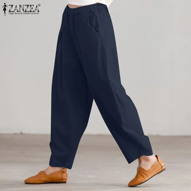 ZANZEA Estate Elastico In Vita Solido Pantaloni Donna Casual Pantaloni Larghi Elegante Allentato Gamba Larga Pantalon Vintage Cotone Rapa 2024