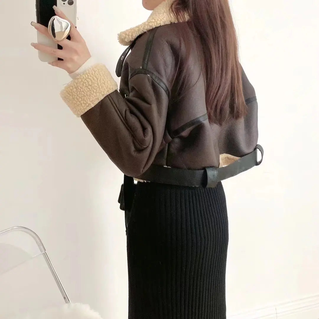 Ailegogo Inverno Donna Streetwear Giacca corta in pelliccia di agnello sintetica con cintura Moto Biker Cappotto di pelle di pecora caldo spesso Capispalla