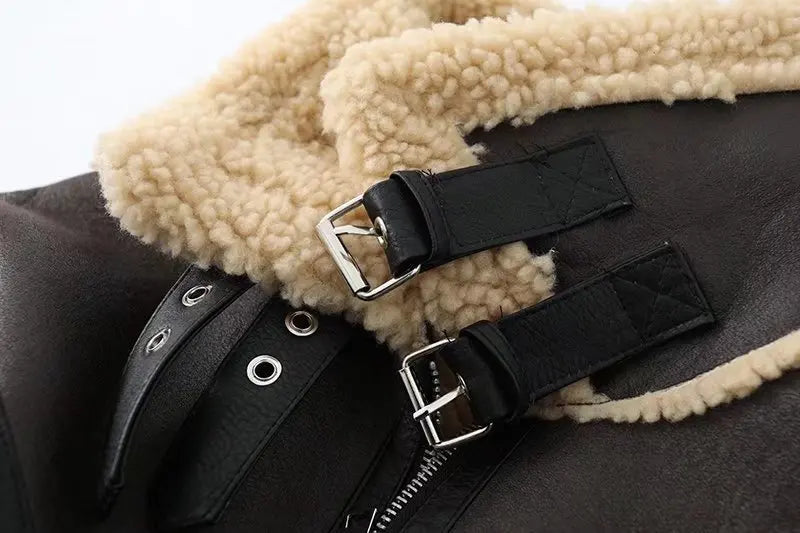 Ailegogo Inverno Donna Streetwear Giacca corta in pelliccia di agnello sintetica con cintura Moto Biker Cappotto di pelle di pecora caldo spesso Capispalla
