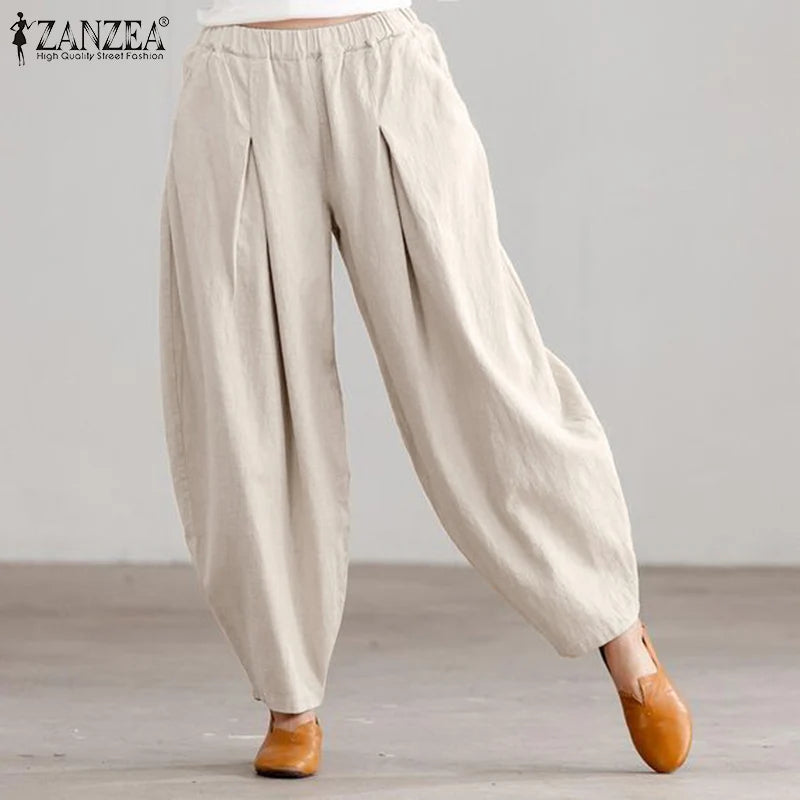 ZANZEA Estate Elastico In Vita Solido Pantaloni Donna Casual Pantaloni Larghi Elegante Allentato Gamba Larga Pantalon Vintage Cotone Rapa 2024