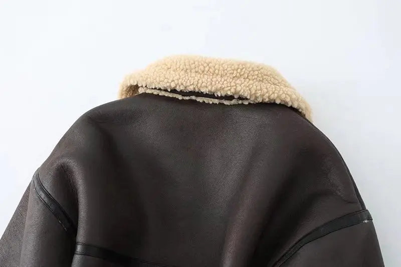 Ailegogo Inverno Donna Streetwear Giacca corta in pelliccia di agnello sintetica con cintura Moto Biker Cappotto di pelle di pecora caldo spesso Capispalla