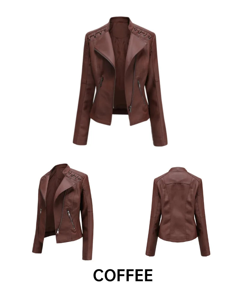 2023 primavera autunno signore giacche in pelle Moto donna colletto rovesciato cerniera Slim nero Moto e Biker giacca in pelle femminile