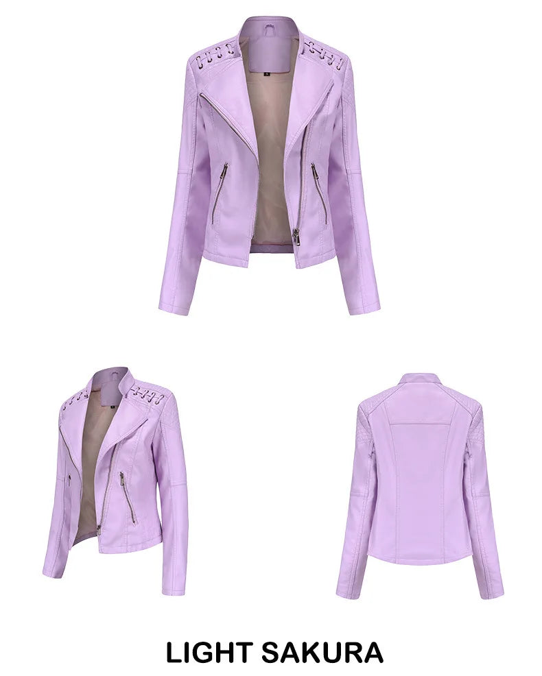 2023 primavera autunno signore giacche in pelle Moto donna colletto rovesciato cerniera Slim nero Moto e Biker giacca in pelle femminile