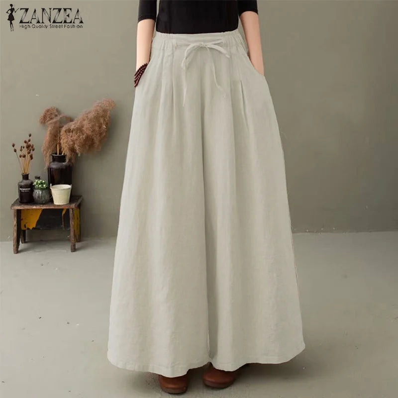 ZANZEA Pantaloni a gamba larga da donna eleganti Pantaloni autunnali Casual con coulisse Pantalon Palazzo Donna Elastico in vita Rapa oversize