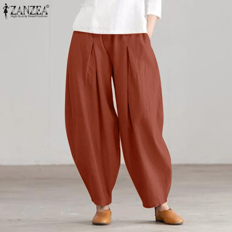 ZANZEA Estate Elastico In Vita Solido Pantaloni Donna Casual Pantaloni Larghi Elegante Allentato Gamba Larga Pantalon Vintage Cotone Rapa 2024