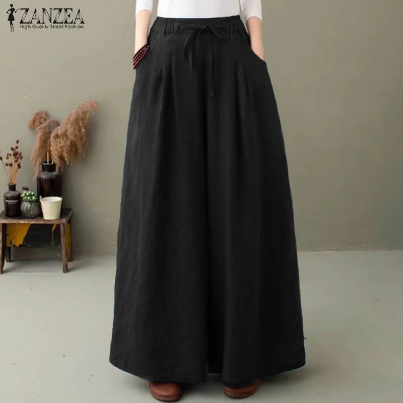 ZANZEA Pantaloni a gamba larga da donna eleganti Pantaloni autunnali Casual con coulisse Pantalon Palazzo Donna Elastico in vita Rapa oversize