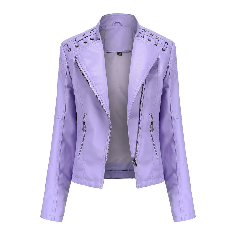 2023 primavera autunno signore giacche in pelle Moto donna colletto rovesciato cerniera Slim nero Moto e Biker giacca in pelle femminile