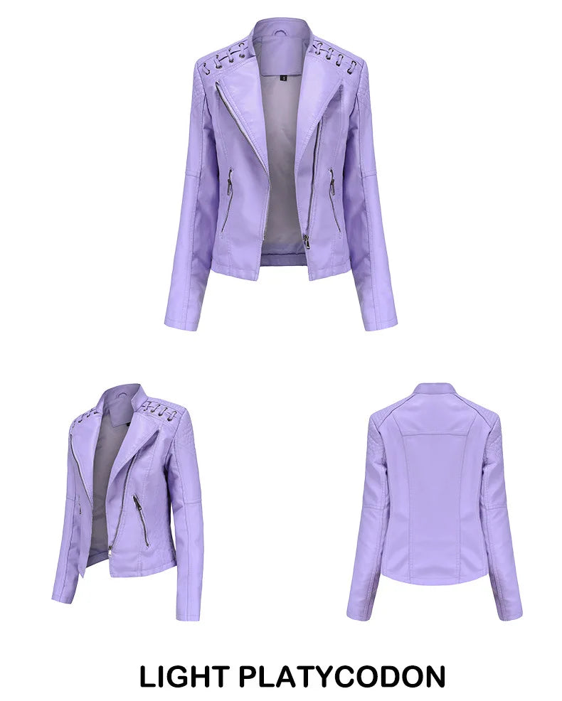 2023 primavera autunno signore giacche in pelle Moto donna colletto rovesciato cerniera Slim nero Moto e Biker giacca in pelle femminile