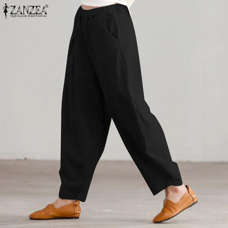 ZANZEA Estate Elastico In Vita Solido Pantaloni Donna Casual Pantaloni Larghi Elegante Allentato Gamba Larga Pantalon Vintage Cotone Rapa 2024